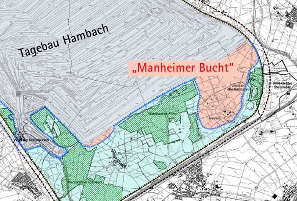 Eine kartographische Darstellung des Tagebau Hambachs mit dem Hambacher Wald zentral im Süden nd der Steinheide im Osten. Dazwischen in rot das von RWE gewünschte Manheimer Loch. Bildquelle: BUND NRW